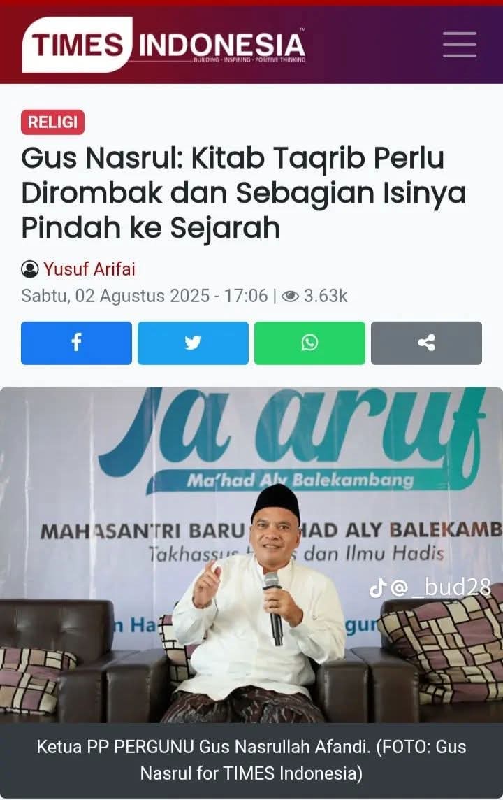 Dr KH Nasrullah Afandi Lc MA, ketua Pimpinan Pusat Persatuan Guru NU, menyerukan perombakan kitab fiqh “Taqrib