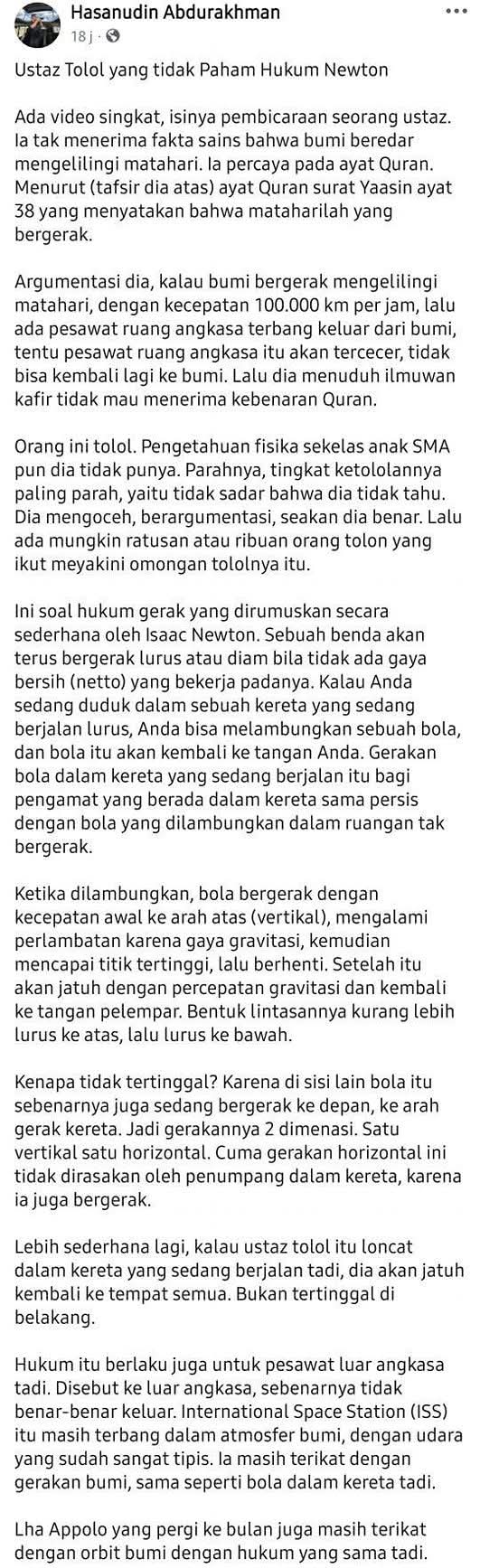 Tangkapan layar tulisan Hasanudin Abdurakhman